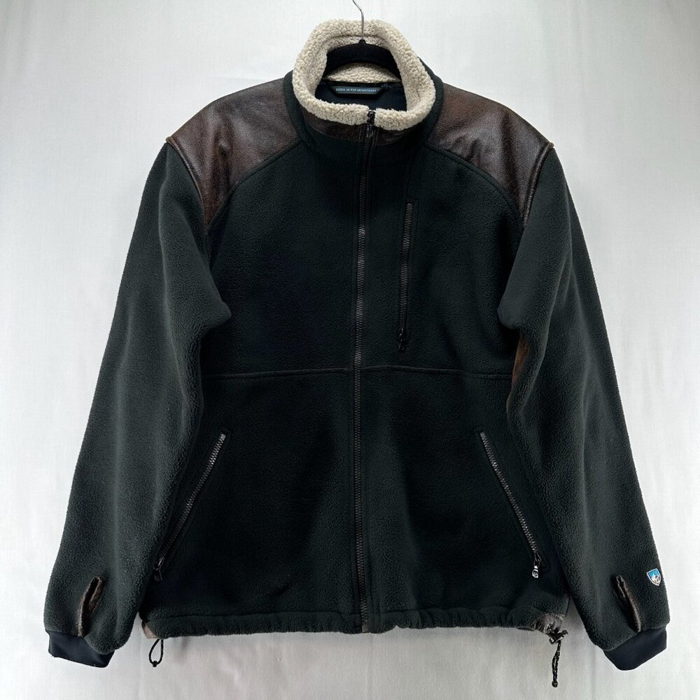 KUHL Jacket Mens Sz M Alpenwurxs Faux Leather Trim Sherpa Fleece Full Zip Black